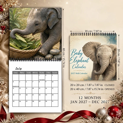 🐘Baby Elephant 2027 Wall Calendar – Cute Baby Elephant Art Calendar, Gift for Wildlife Animal Lovers