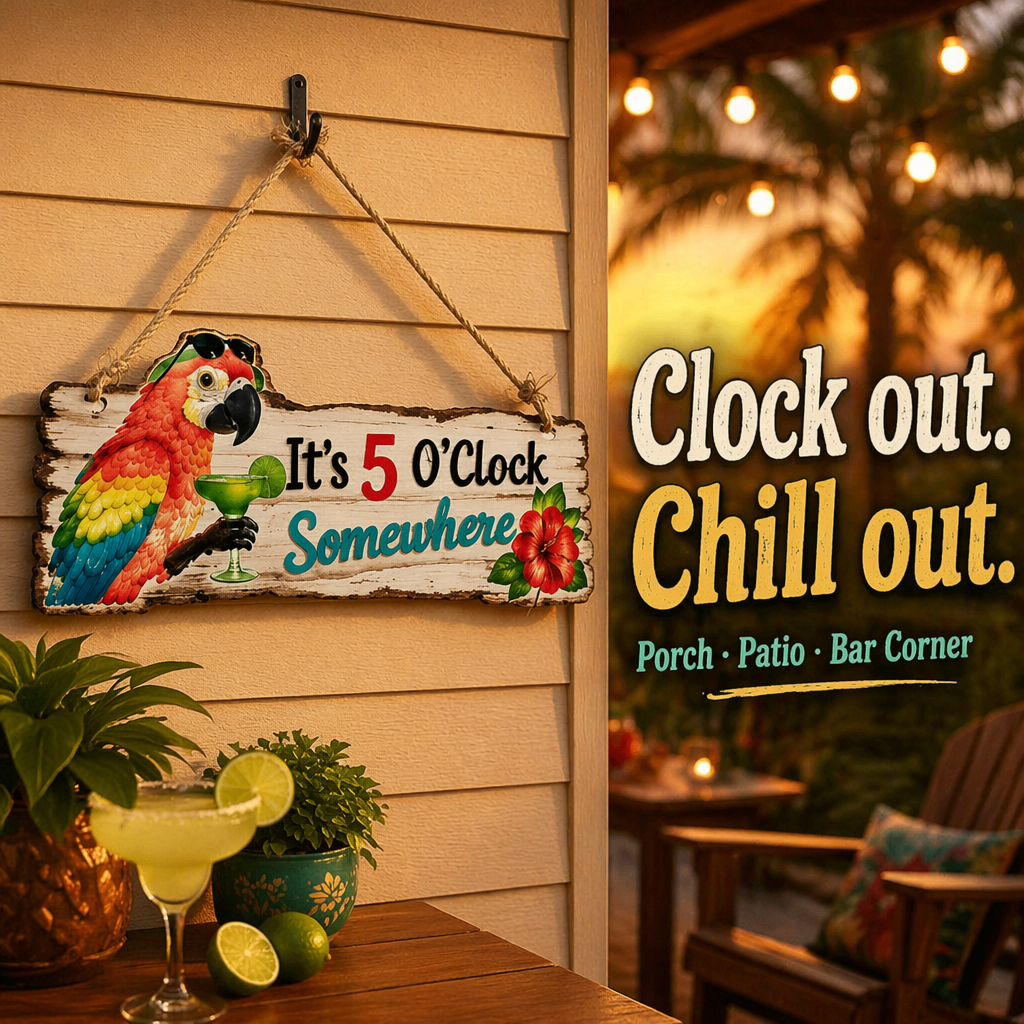 It's 5 O'Clock Somewhere Parrot wall art 🦜– Tropical Patio Wall Deco🍹