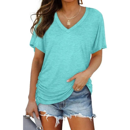 ✨Womens Short Sleeve V Neck Dolman Tops with Side Shirring Loose Fit Shirts