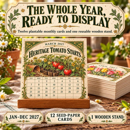🌱 2027 Heirloom Garden Plantable Seed Calendar | 12 Plantable Months with Vintage Botanical Art & Wooden Stand 🌼