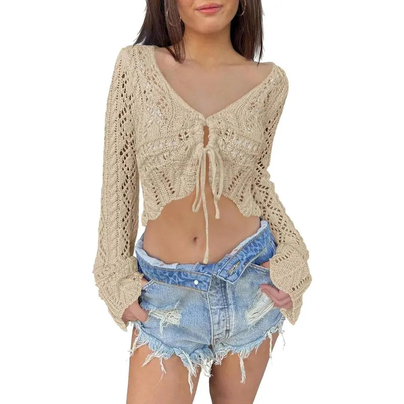 🌼 Hollow Out Drawstring Flare Sleeve Cropped Top-Women Minimalist Knit Sweater🪡