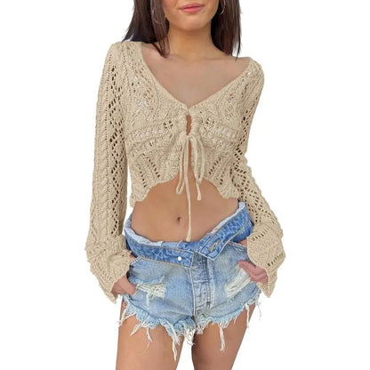 🌼 Hollow Out Drawstring Flare Sleeve Cropped Top-Women Minimalist Knit Sweater🪡