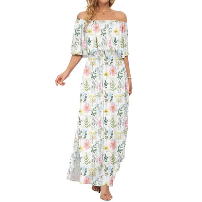 Women's Off The Shoulder Dress Wedding Guest Dress Summer Casual Long Ruffle Party Side Split Beach Maxi Dresses with Pockets