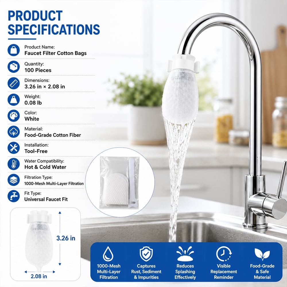 ✨Faucet Filter Cotton Bags - Universal, 100 PCS Splash-Proof Faucet Filter Set