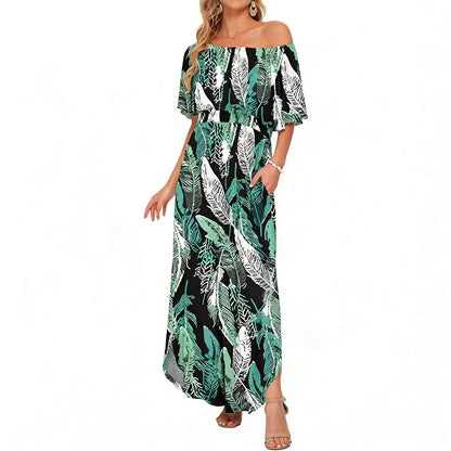 Women's Off The Shoulder Dress Wedding Guest Dress Summer Casual Long Ruffle Party Side Split Beach Maxi Dresses with Pockets
