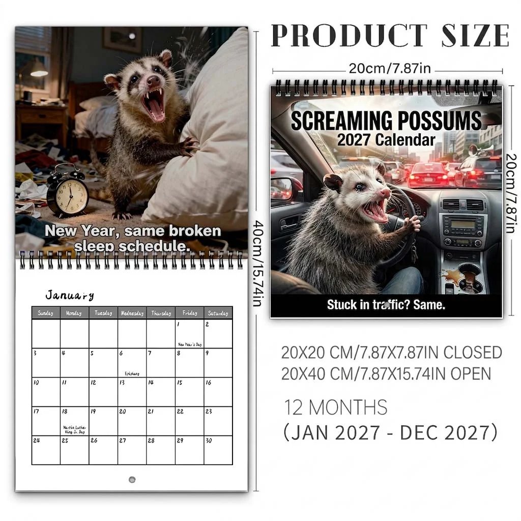 🐾Screaming Possums 2027 Wall Calendar – 12-Month Funny Relatable Calendar, Chaotic Life Humor Hanging Planner for Office, Home & Gag Gift