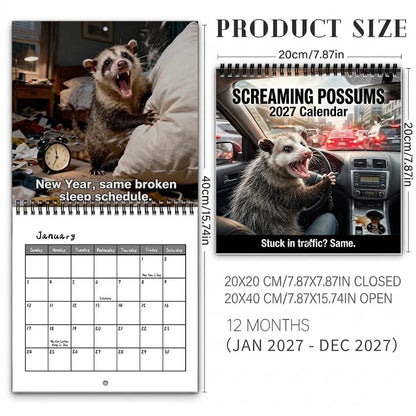 🐾Screaming Possums 2027 Wall Calendar – 12-Month Funny Relatable Calendar, Chaotic Life Humor Hanging Planner for Office, Home & Gag Gift