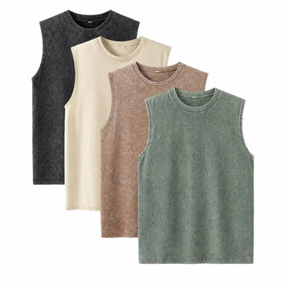 ⚡ Hot Sales  🔥 4-Pack Men's Washed Sleeveless Vest – Heavyweight Cotton, Acid Wash, Oversized Gym & Streetwear