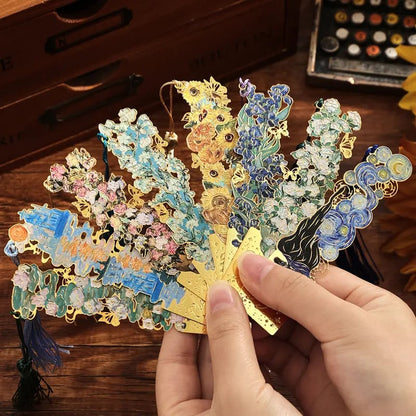 📚✨ 8-Piece Gold Metal Bookmark Set with Tassel – Van Gogh & Monet Inspired Gift for Book Lovers 🎨