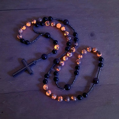 Natural Obsidian Yooperlite Rosary Necklace, UV Reactive Energy Protection Healing Crystal