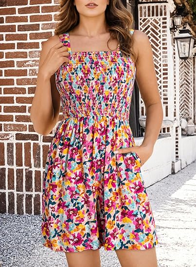 ⏰Hot Sale 49% OFF💃Women's Summer Square Neck Sleeveless Loose Casual Short Smocked Romper