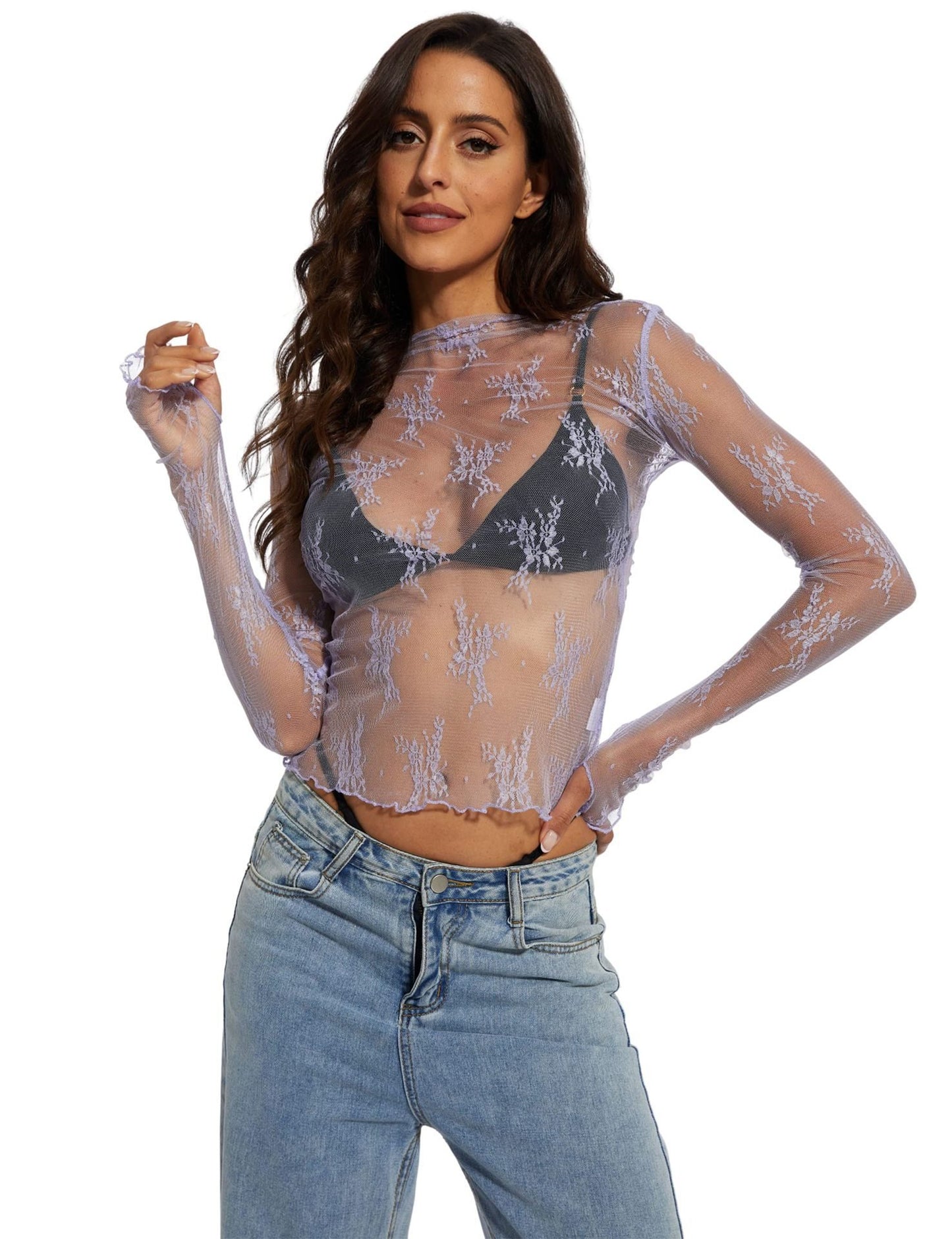 😍Women's Floral Lace Thumb Hole Sheer Tee