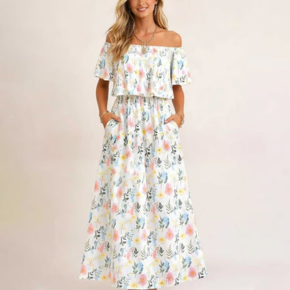Women's Off The Shoulder Dress Wedding Guest Dress Summer Casual Long Ruffle Party Side Split Beach Maxi Dresses with Pockets