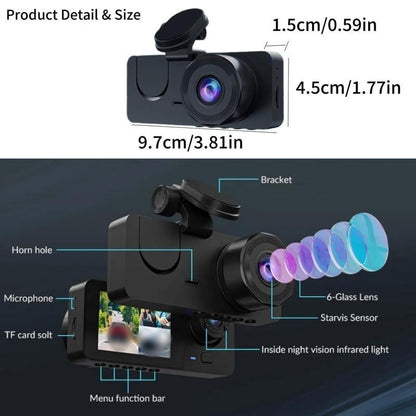 Dailyardtool® HD 1080P Dashcam with Three Lenses, Loop Recording and 3.5-inch IPS Screen