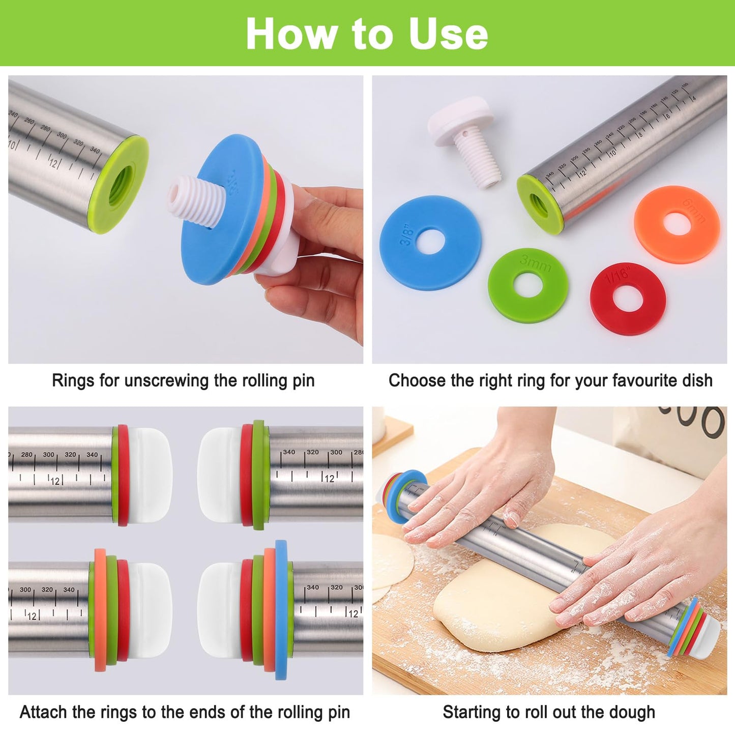 Dailyardtool® Adjustable Stainless Steel Rolling Pin with Thickness Rings