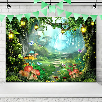 Magical Forest Floral & Butterfly Backdrop Banner - Outdoor Birthday Party Scene Decoration