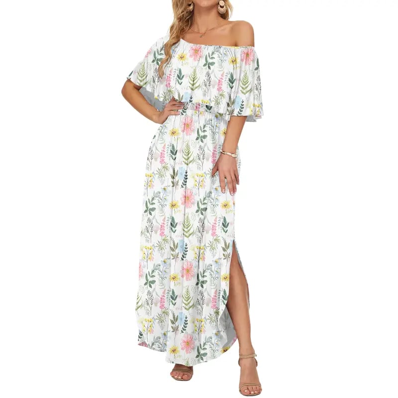 Women's Off The Shoulder Dress Wedding Guest Dress Summer Casual Long Ruffle Party Side Split Beach Maxi Dresses with Pockets