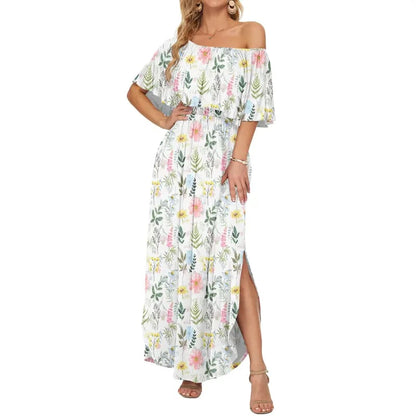 Women's Off The Shoulder Dress Wedding Guest Dress Summer Casual Long Ruffle Party Side Split Beach Maxi Dresses with Pockets