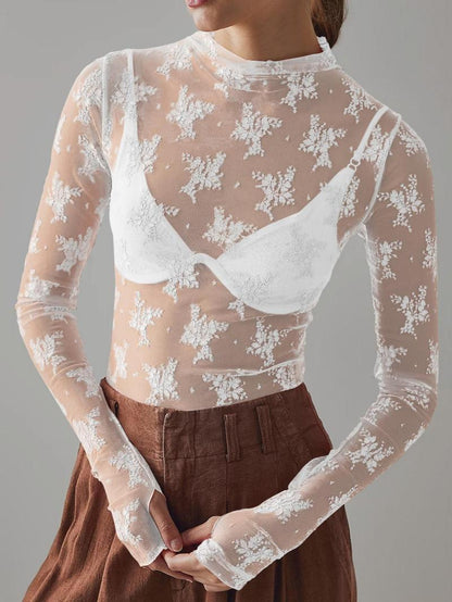😍Women's Floral Lace Thumb Hole Sheer Tee