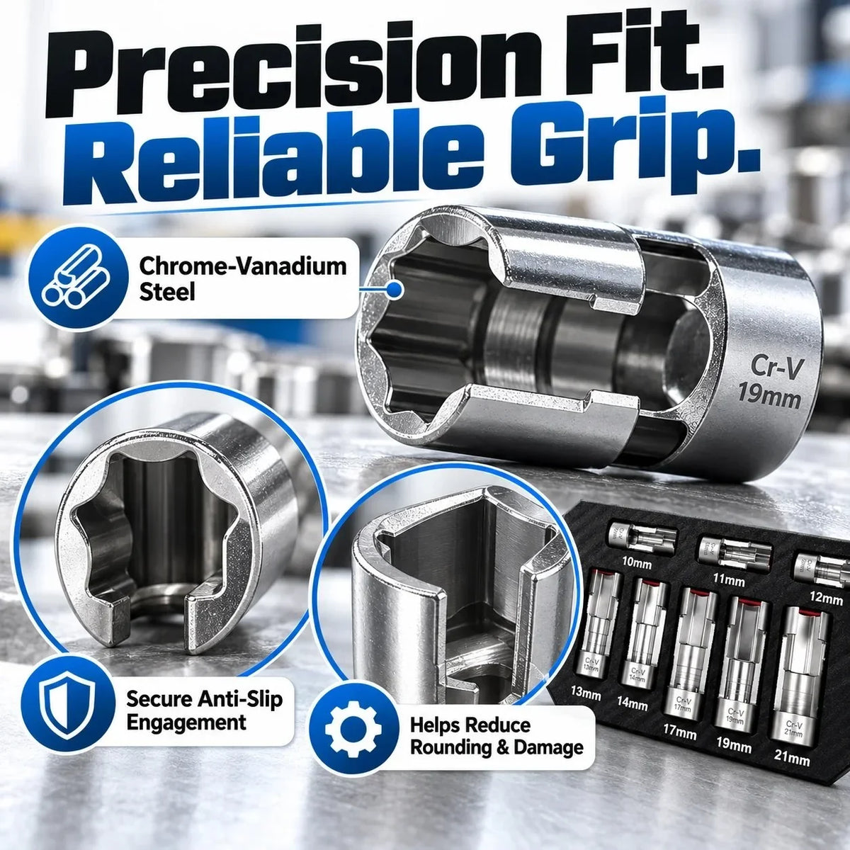 9-Piece Injector & Sensor Line Socket Set – 10–22mm Open-Side Cr-V Sockets, 3/8' & 1/2' Drive