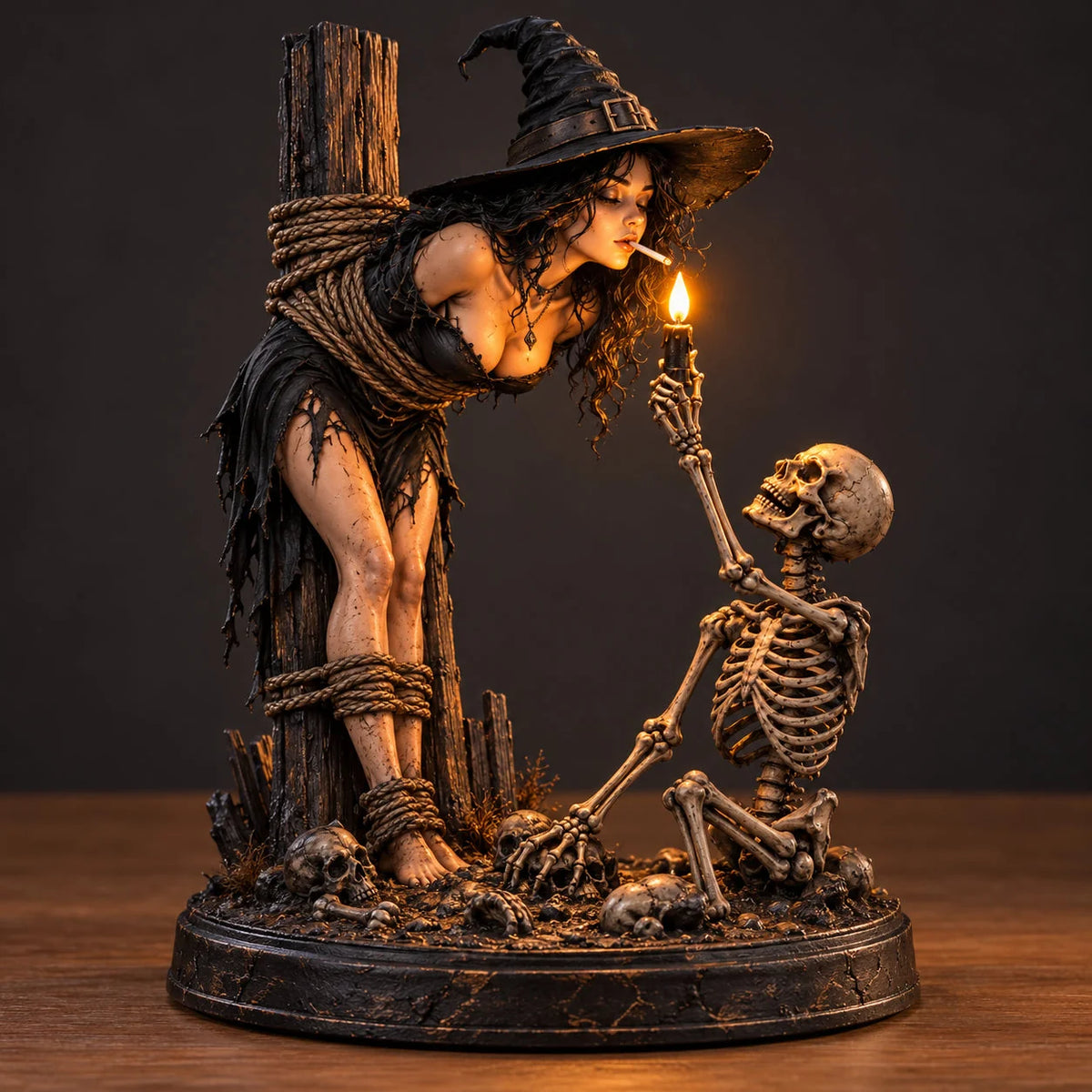 🧙 Gothic Witch & Skeleton Candle Scene Figurine | Spooky Halloween Table Decor