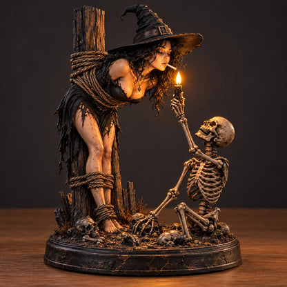 🧙 Gothic Witch & Skeleton Candle Scene Figurine | Spooky Halloween Table Decor