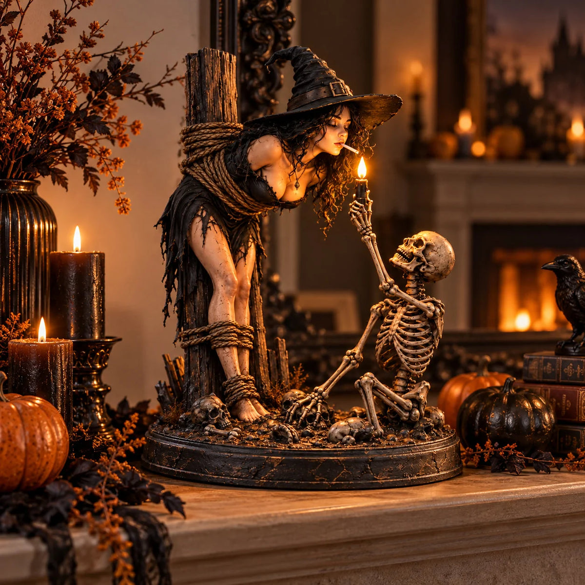 🧙 Gothic Witch & Skeleton Candle Scene Figurine | Spooky Halloween Table Decor