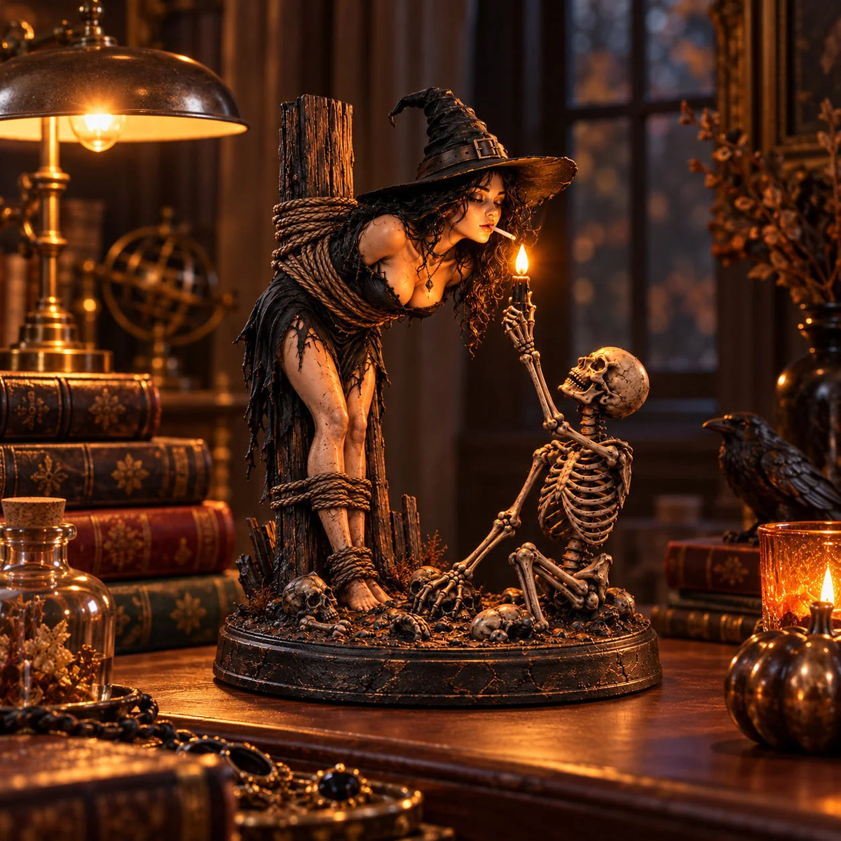 🧙 Gothic Witch & Skeleton Candle Scene Figurine | Spooky Halloween Table Decor