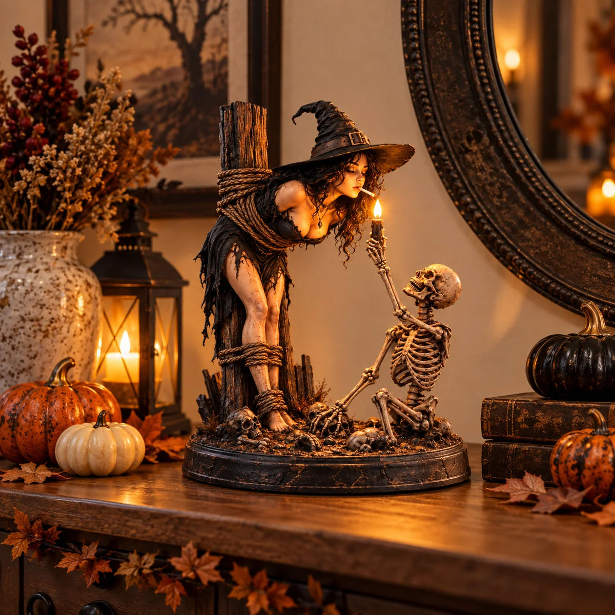🧙 Gothic Witch & Skeleton Candle Scene Figurine | Spooky Halloween Table Decor