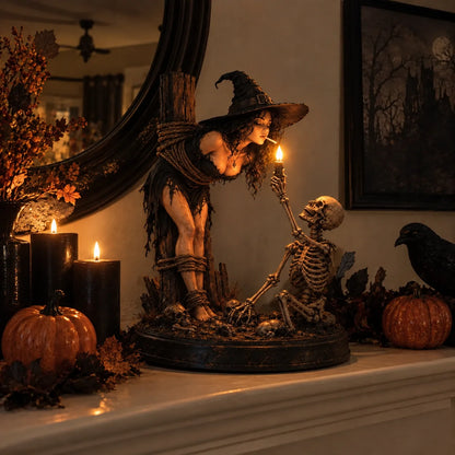🧙 Gothic Witch & Skeleton Candle Scene Figurine | Spooky Halloween Table Decor