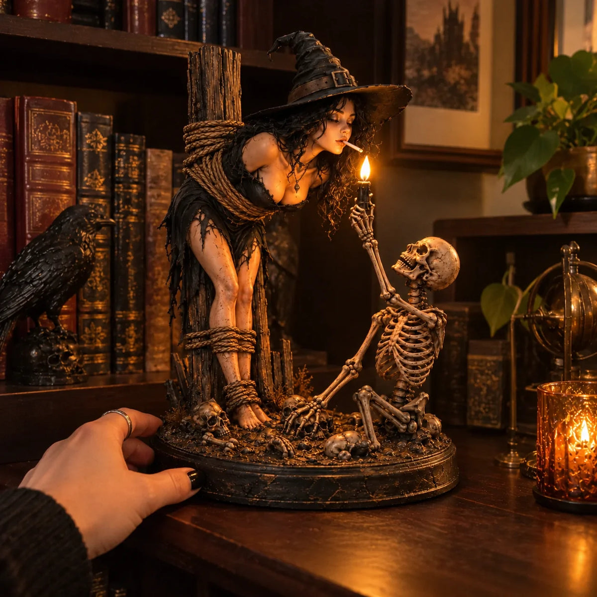 🧙 Gothic Witch & Skeleton Candle Scene Figurine | Spooky Halloween Table Decor