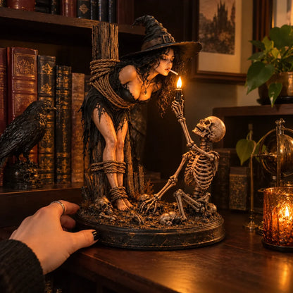 🧙 Gothic Witch & Skeleton Candle Scene Figurine | Spooky Halloween Table Decor