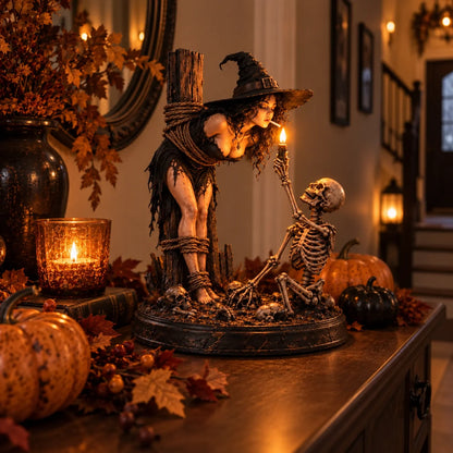 🧙 Gothic Witch & Skeleton Candle Scene Figurine | Spooky Halloween Table Decor