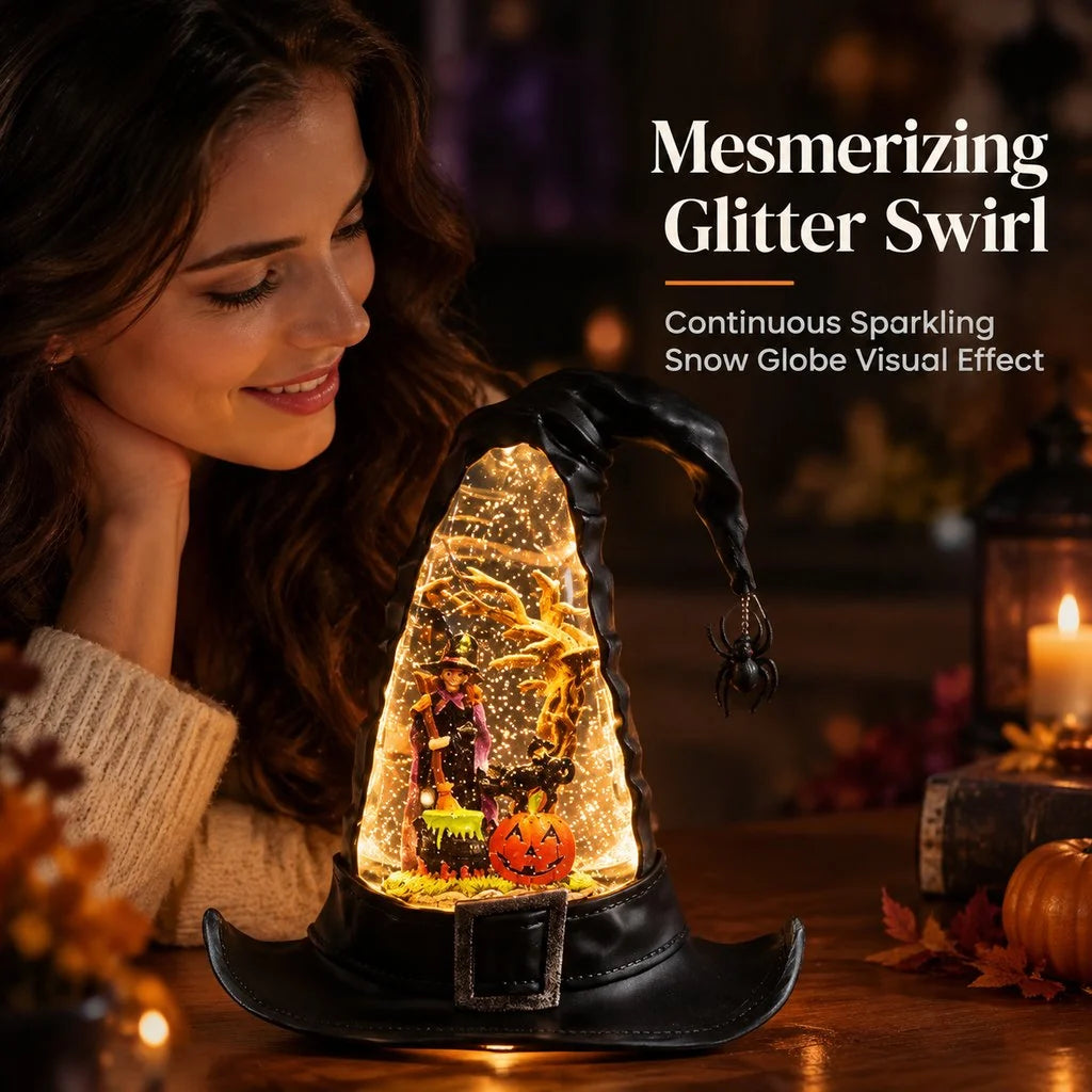 Halloween Witch Hat Lighted Water Lantern With Glitter Swirl And Festive Led Glow