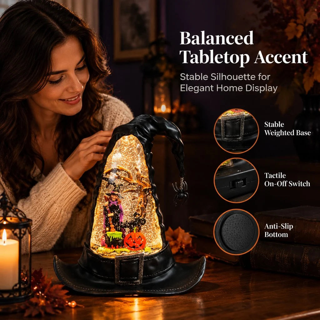 Halloween Witch Hat Lighted Water Lantern With Glitter Swirl And Festive Led Glow