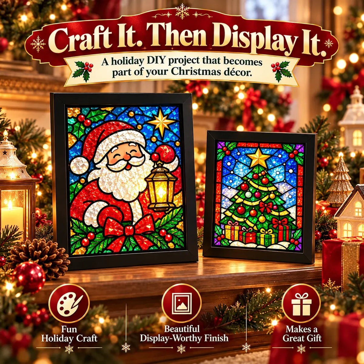 ⏳ Last Day 49% Off – 🎄Beginner-friendly Christmas Stained Glass-style Frame Kit | 8 Festive Designs With Pens, Foil & Frame ✨