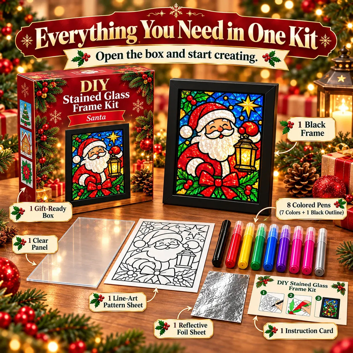 ⏳ Last Day 49% Off – 🎄Beginner-friendly Christmas Stained Glass-style Frame Kit | 8 Festive Designs With Pens, Foil & Frame ✨