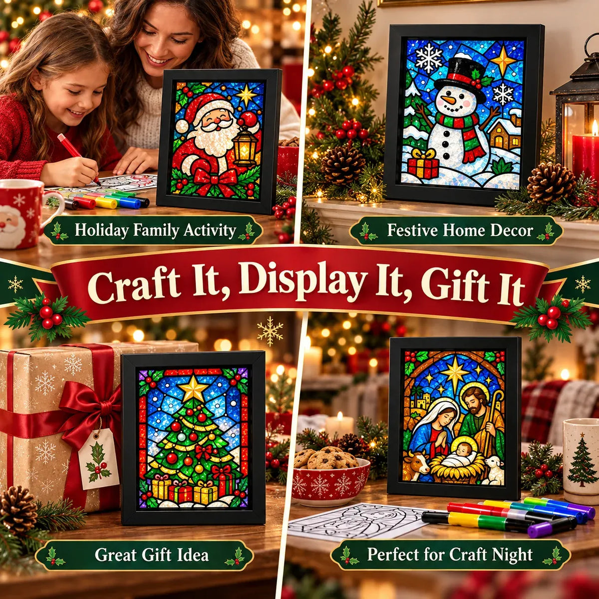 ⏳ Last Day 49% Off – 🎄Beginner-friendly Christmas Stained Glass-style Frame Kit | 8 Festive Designs With Pens, Foil & Frame ✨