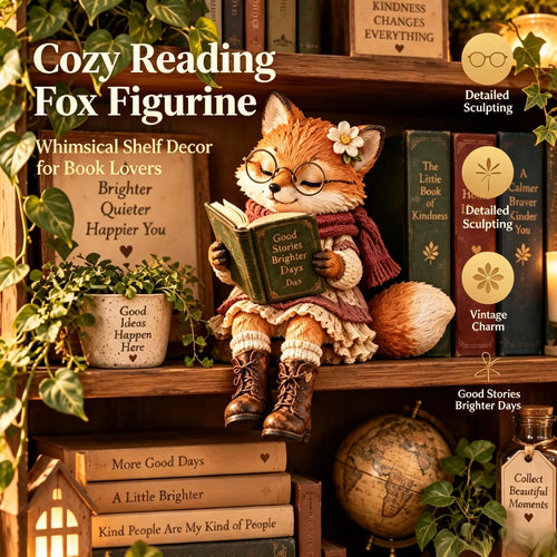 Reading Fox Figurine with Glasses & Flower, Hand Painted Resin Fox Statue