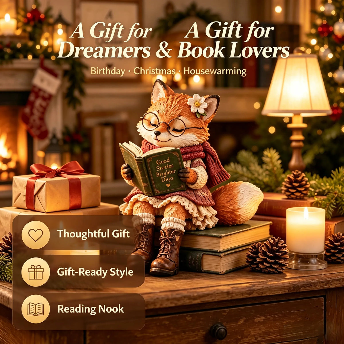 Reading Fox Figurine with Glasses & Flower, Hand Painted Resin Fox Statue