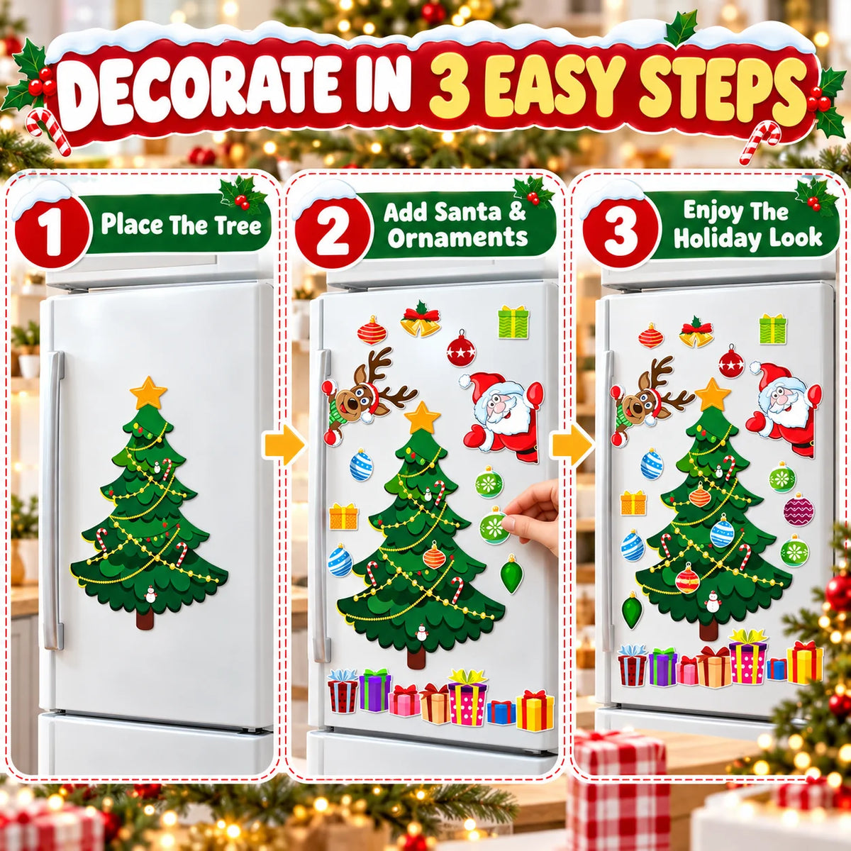 🎄 Magnetic Christmas Tree Decorations – Santa & Reindeer Fridge Magnet Set