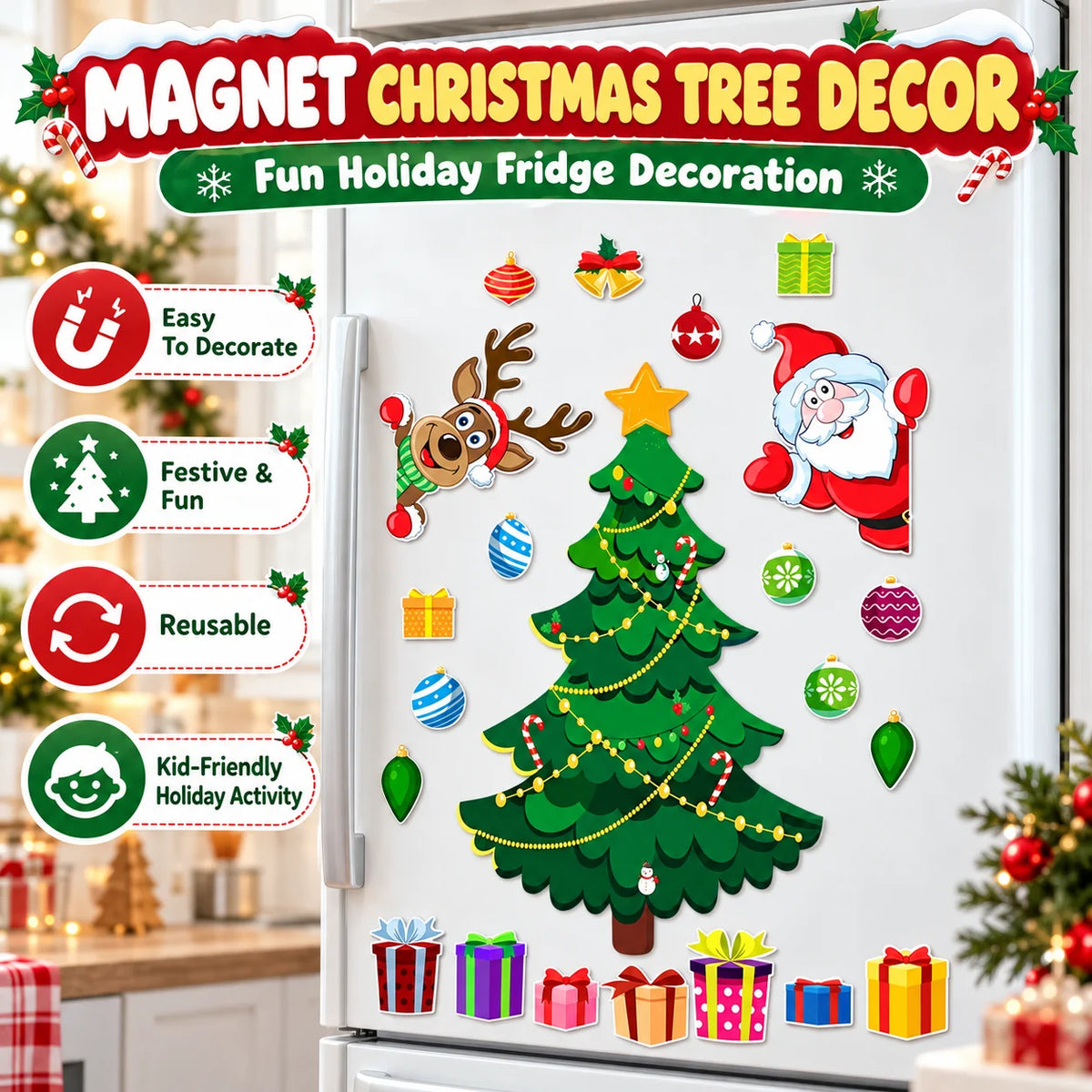 🎄 Magnetic Christmas Tree Decorations – Santa & Reindeer Fridge Magnet Set