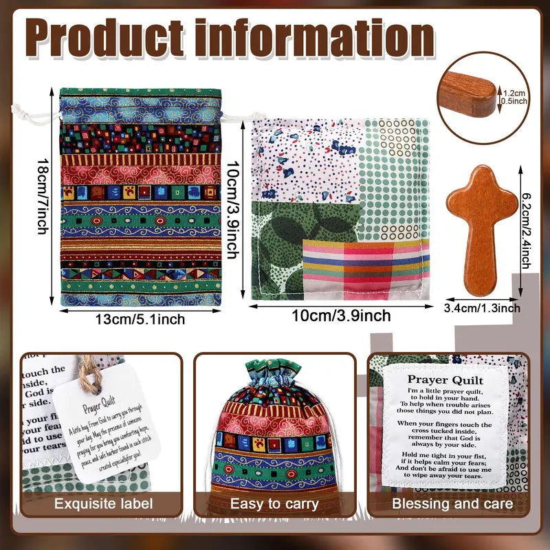 🎁Pocket Prayer Quilt Set | Mini Handmade Prayer Blankets With Cross & Drawstring Bag Christian Gifts✝️