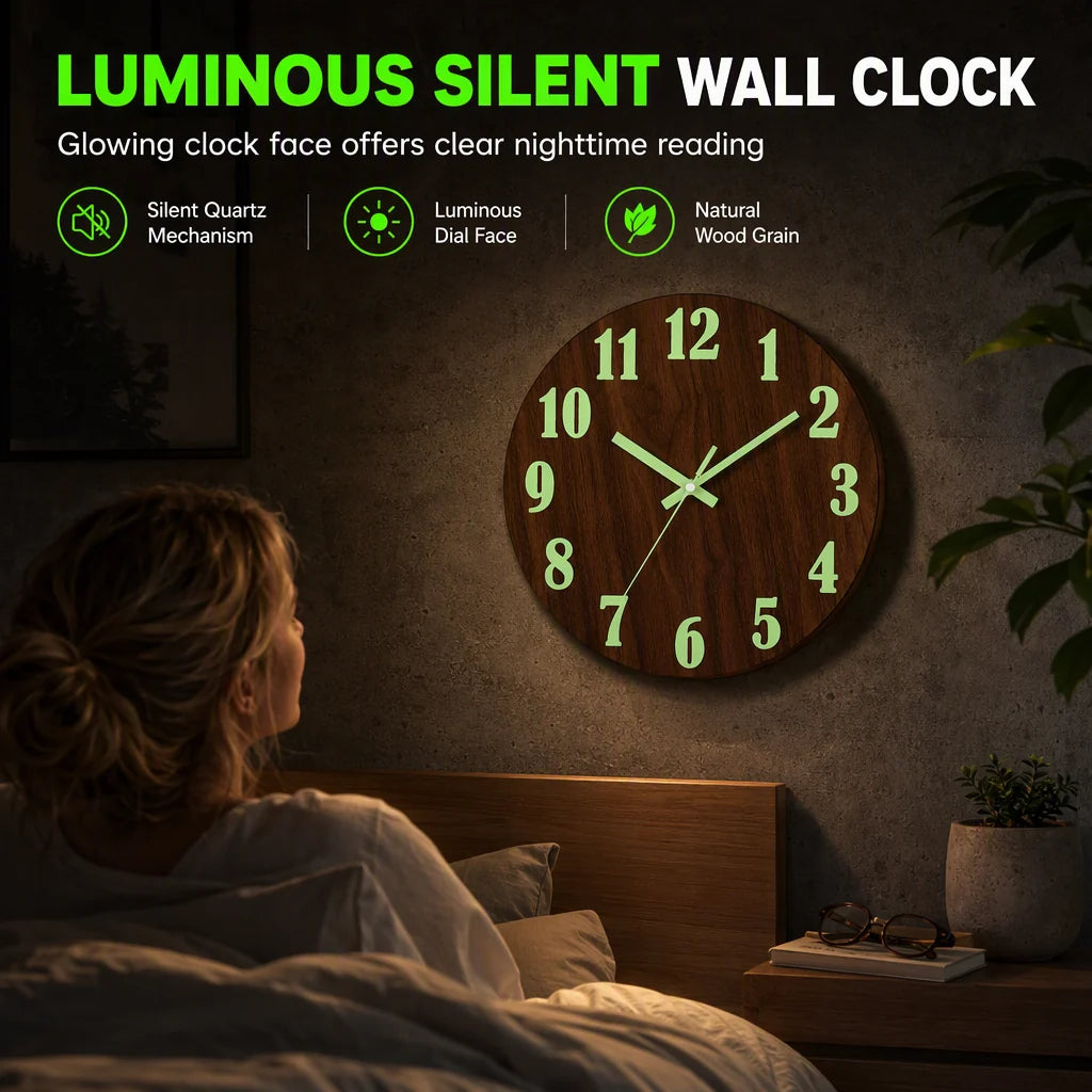 ⏳🔥limited-time 50% Off! ⏰12-inch Silent Wooden Wall Clock – Luminous Glow & Mdf Wood Grain✨