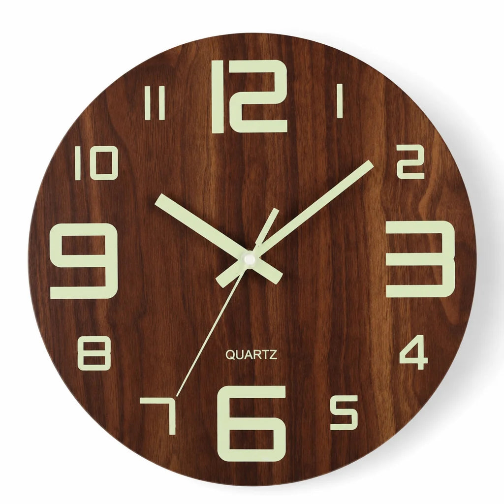 ⏳🔥limited-time 50% Off! ⏰12-inch Silent Wooden Wall Clock – Luminous Glow & Mdf Wood Grain✨
