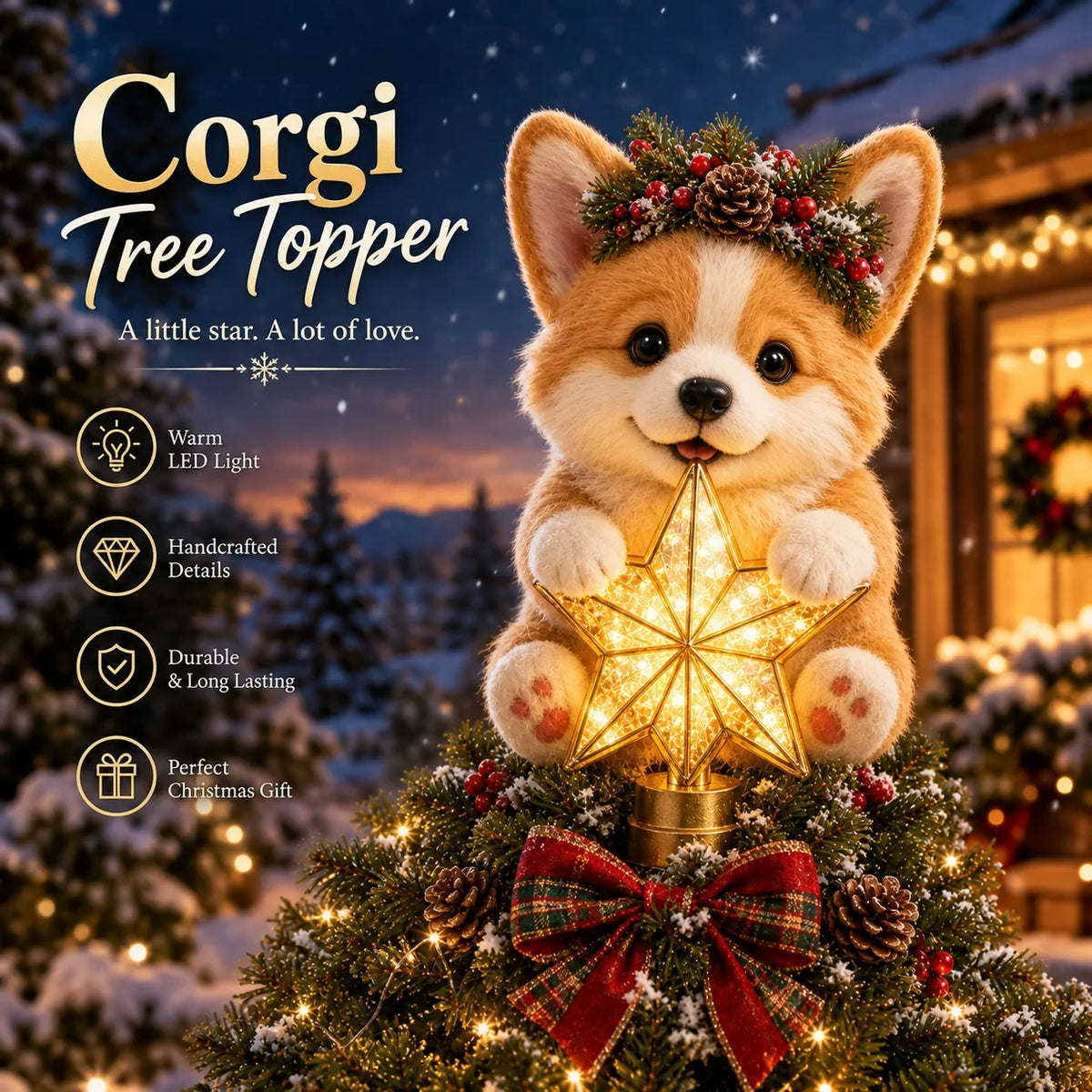 🎄 Christmas Glow Pup Tree Topper – Light-up Holiday Dog Tree Topper
