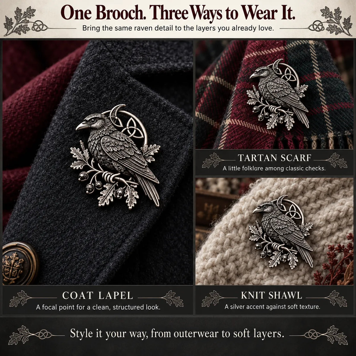 🐦‍⬛ Gothic Celtic Raven Brooch – Dark Academia Statement Pin