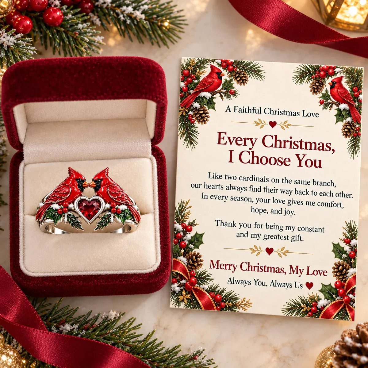 🎄Two Cardinal Heart Christmas Ring | “Every Christmas, I Choose You” ❤️
