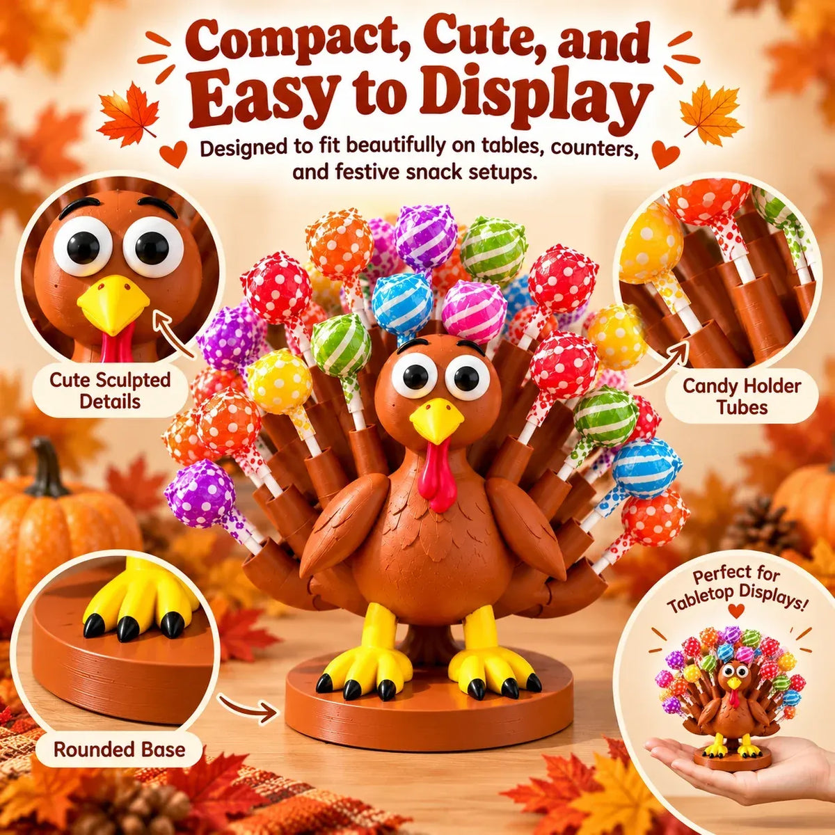 🦃🍭 Adorable Thanksgiving Turkey Lollipop Holder – Festive Candy Display, Holiday Table Decor & Party Favor 🎁