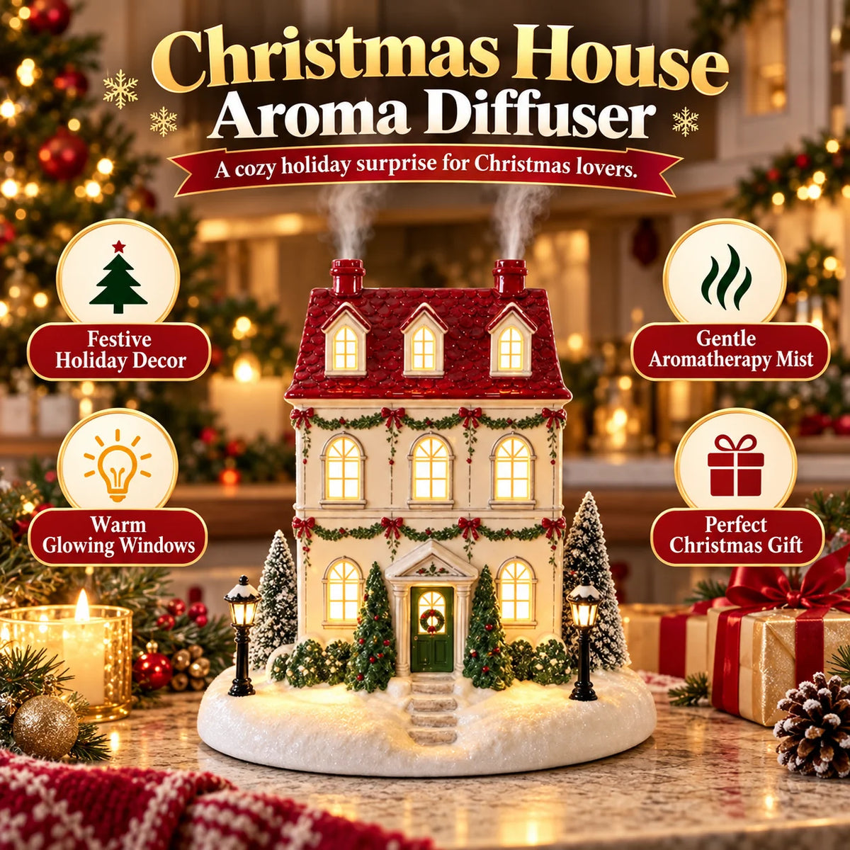 🎄 Christmas House Aroma Diffuser – Warm Light & Gentle Mist Holiday Decor